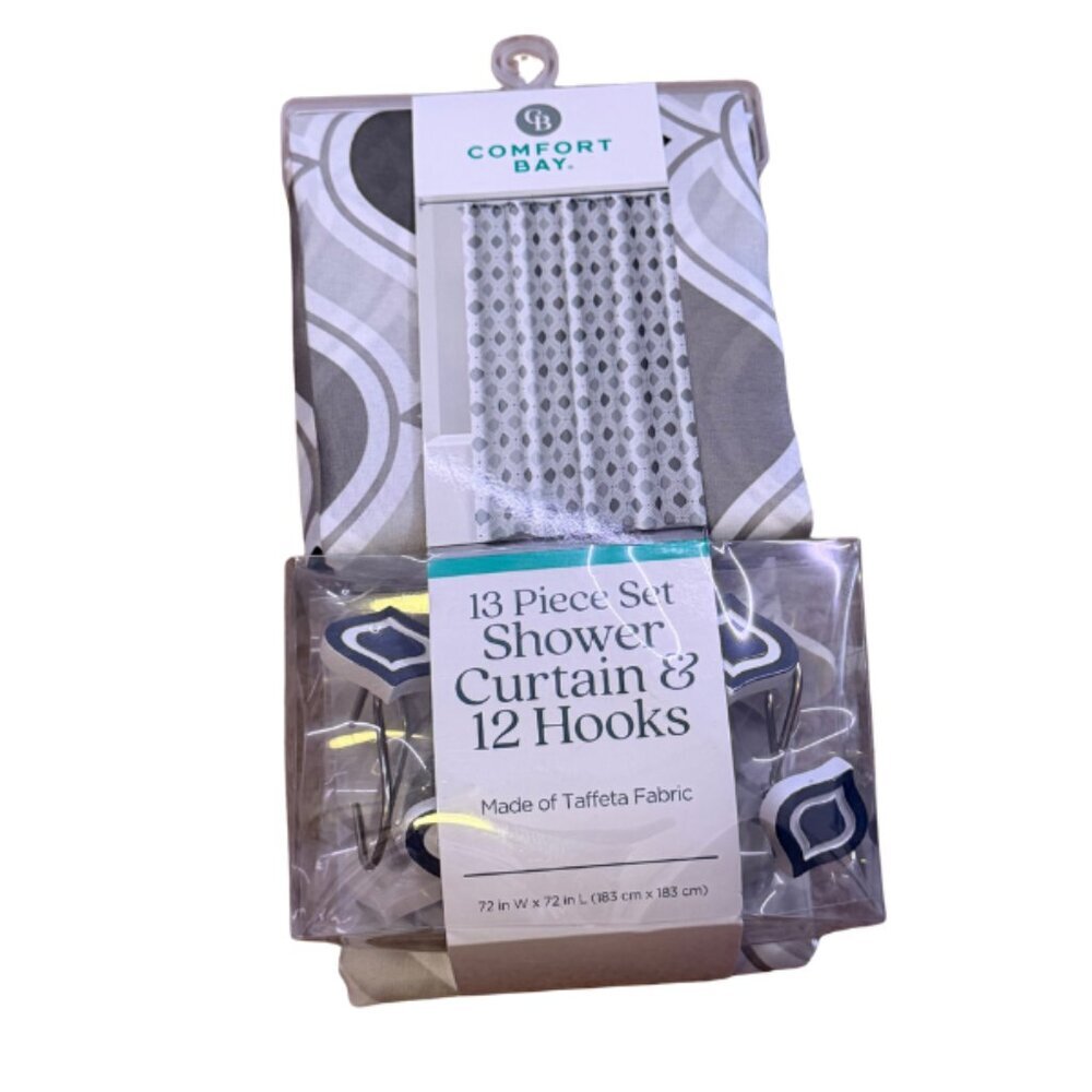 Comfort Bay Shower Curtain Liner Gray Stripe Taffeta 70x72 Inch 13 Pc w/ Hooks - Picture 4 of 4